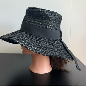Vintage Sears Millinery Black Straw Hat with Black Grosgrain Ribbon Band